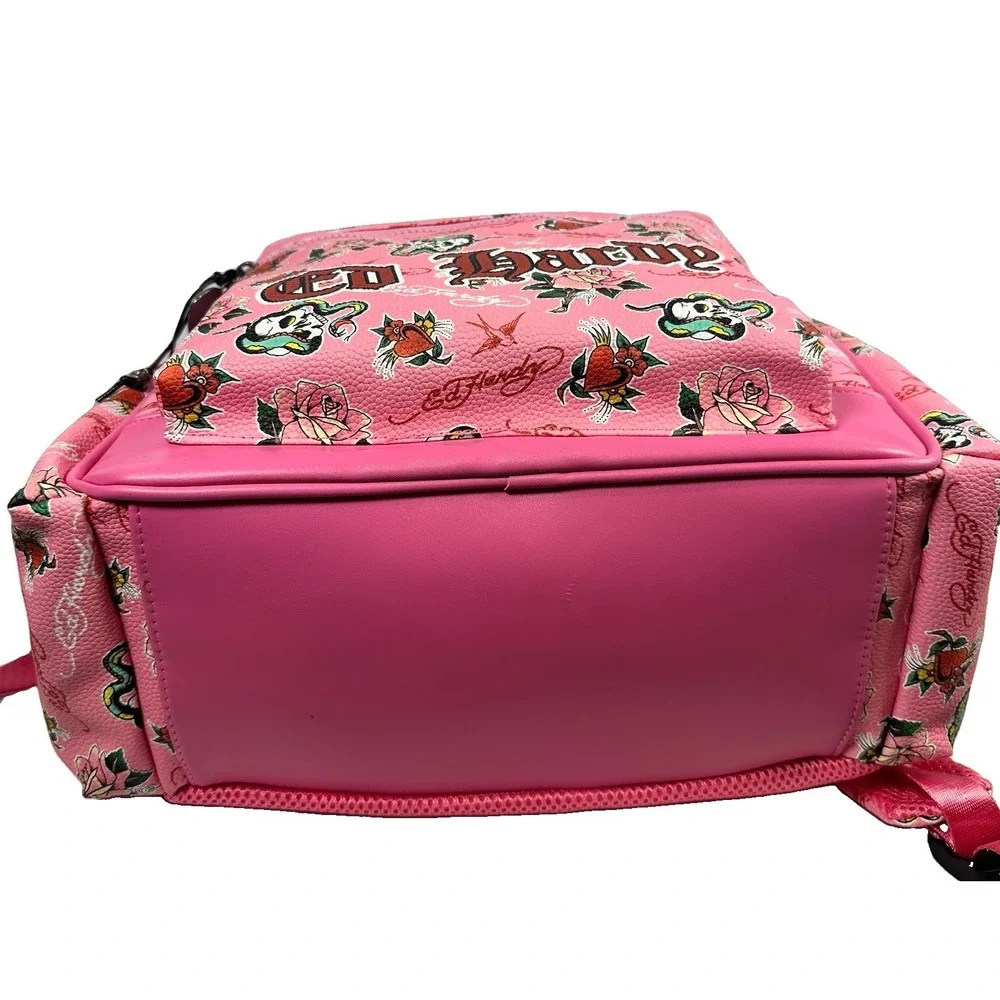 Ed Hardy Pink Multi Backpack NWT Rhinestone Hearts Skull Rose Tattoo Print Bag
